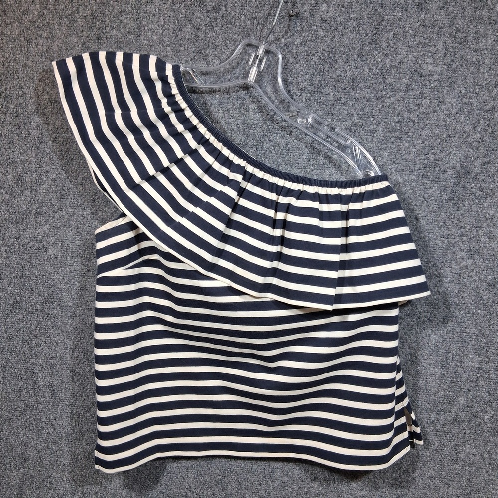 J. Crew‎ Navy Blue/White Stripe Ruffled One-Shoulder Top Size M - Picture 2 of 9